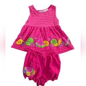 Vintage 1990s Y2k Fuschia Pink Fruit 2pc Dress Bloomers Set
